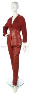 A Thierry Mugler Red Knit and Leather Ensemble