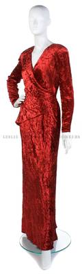 A Bill Blass Red Crush Velvet Evening Gown