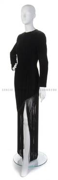 A Bill Blass Black Velvet Gown with Exaggerated Fringe Hem