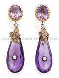 A Pair of 14 Karat Yellow Gold Amethyst Diamond and Seed Pearl Earrings