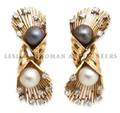 A Pair of 18 Karat Yellow Gold Cultured Pearl and Diamond Earclips