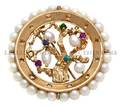 A 14 Karat Yellow Gold Cultured Pearl and Multi Color Gem Circular Brooch