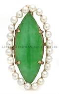 A 14 Karat Yellow Gold Jade and Pearl Brooch