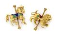 A Pair of 14 Karat Yellow Gold and Polychrome Enamel Carousel Animal Pins