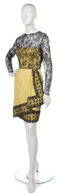 A Bill Blass Yellow Silk and Black Lace Cocktail Dress