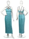 A Mary McFadden Teal Pleated Silk Evening Gown
