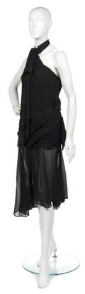 A Thierry Mugler Black Ruched Silk Chiffon Asymmetric Evening Gown