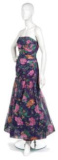 A Scaasi Floral Printed Lace Evening Gown