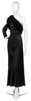 A Lanvin Black Satin and Velvet Bias Cut Evening Gown