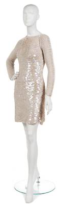 A Joan Vass Beige Iridescent Paillette Sweater Dress