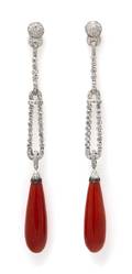 A Pair of 18 Karat White Gold Diamond and Coral Earrings Eli Frei