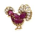 An 18 Karat Yellow Gold Ruby and Diamond Rooster Brooch