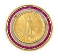 A 14 Karat Gold Synthetic Ruby and 20 United States Liberty Coin PendantBrooch