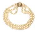 A Multi Strand Cultured Pearl 18 Karat Yellow Gold and Diamond Necklace