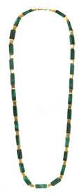 A 14 Karat Yellow Gold and Malachite Bead Necklace