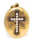 A Victorian Yellow Gold Pearl Diamond and Enamel Locket
