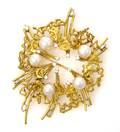 A 14 Karat Yellow Gold Diamond and Cultured Pearl Brooch Mikimoto