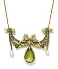 An Art Nouveau Yellow Gold Demantoid Peridot Pearl Diamond and Enamel Necklace Lucien Gautrait Circa 1900
