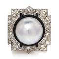 An Art Deco Platinum Diamond Mabe Pearl and Black Enamel Enhancer PendantBrooch