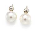 A Pair of 14 Karat White Gold Diamond and Cultured Pearl Earrings