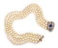 A Multi Strand Pearl Platinum Sapphire and Diamond Necklace Argentina Circa 1950