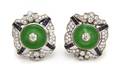 A Pair of Platinum Jade Diamond and Sapphire Earclips