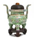 A Famille Rose Green Ground Tripod Censer