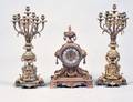 THREE PIECE LOUIS XVI STYLE GILT BRONZE CLOCK GARNITURE