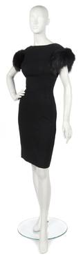 An Estevez Black Crepe and Fox Fur Trimmed Cocktail Dress