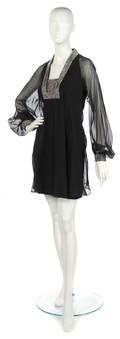 An Estevez Black Chiffon Dress with Rhinestones Trim