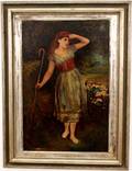 British Oil on Canvas Painting of Shepherdess