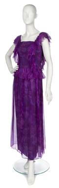 A Galanos Purple Floral Silk Chiffon Evening Gown