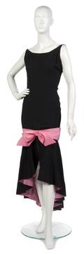 An Estevez Black Silk Evening Gown with Pink Bow and Cutaway Pink Skirt