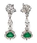 A Pair of Platinum Diamond and Emerald Earrings