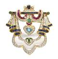 An 18 Karat Yellow Gold Diamond Mother of Pearl and Multi Gemstone BroochPendant