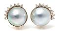A Pair of 14 Karat Yellow Gold Mabe Pearl and Diamond Earclips