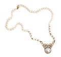 A 14 Karat Yellow Gold Cultured Pearl and Diamond Necklace