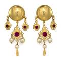 A Pair of 18 Karat Yellow Gold Cultured Pearl and Synthetic Ruby Earrings Trio