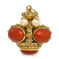 An 18 Karat Yellow Gold Coral and Pearl Pendant