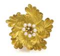 An 18 Karat Yellow Gold Cultured Pearl and Diamond Flower Brooch