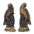 A Pair of Chinese Gilt Metal Mounted Stoneware Models of Hawks