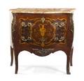 A Louis XVI Style Marquetry and Gilt Metal Mounted Commode