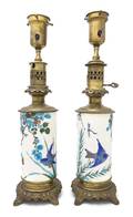 A Pair of Enameled Cylindrical Vases Mounted as Lamps