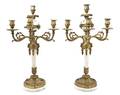 A Pair of Louis XVI Gilt Bronze and Marble FiveLight Candelabra