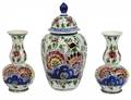 THREE PIECE DELFT BLUE AND WHITE PORCELAIN GARNITURE
