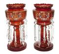 A Pair of Bohemian Cranberry Glass Enameled Girandoles