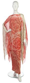 A Hanae Mori Coral and Tan Floral Silk Chiffon Evening Ensemble
