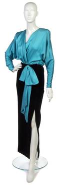 A Givenchy Couture Blue Satin and Black Velvet Evening Gown
