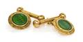 A Pair of 14 Karat Yellow Gold and Jade Cufflinks