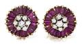 A Pair of 14 Karat Yellow Gold Ruby and Diamond Earclips
